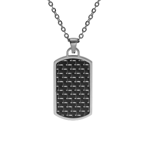 COLLIER ACIER PENDENTIF RECTANGULAIRE PANS ARRONDI CARBONE 30X18MM  50+5CM