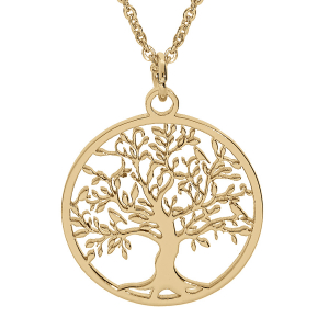 COLLIER ACIER PVD DORÉ PENDENTIF ROND ARBRE DE VIE DECOUPE 25MM  40+5CM