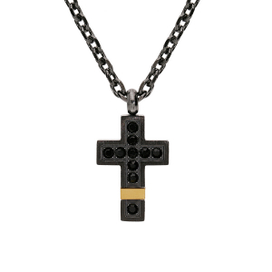 COLLIER ACIER ET PVD NOIR ET JAUNE PENDENTIF PETITE CROIX 19X12MM AVEC OXYDES NOIRS  50+5CM