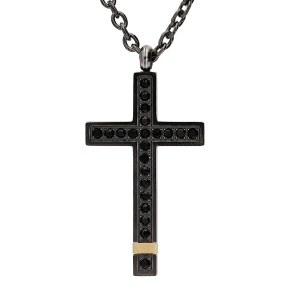 COLLIER ACIER ET PVD NOIR ET JAUNE PENDENTIF GRANDE CROIX  38X21MM  AVEC OXYDES NOIRS  50+5CM