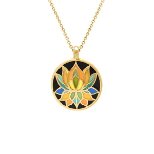 COLLIER  ACIER DORÉ STELLA MIA PENDENTIF 16MM FLEUR DE LOTUS RÉSINE FOND NOIR 45+10CM