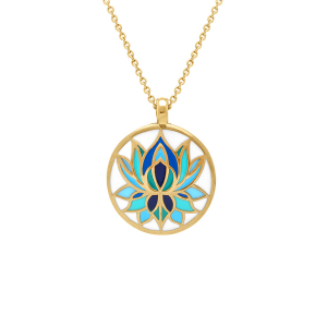 COLLIER  ACIER DORÉ STELLA MIA PENDENTIF 16MM FLEUR DE LOTUS RÉSINE BLEU FOND BLANC 45+10CM