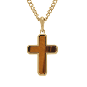 COLLIER ACIER DORÉ PENDENTIF CROIX 30X20MM  MARRON 50+10CM