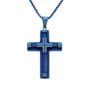 COLLIER ACIER PVD BLEU PENDENTIF CROIX 55X40MM AVEC CABLE NOIR 55+10CM