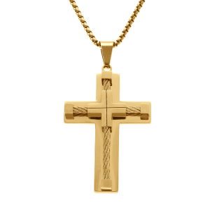 COLLIER ACIER DORÉ PENDENTIF CROIX 55X40MM AVEC CABLE NOIR 55+10CM