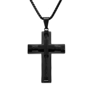 COLLIER ACIER PVD NOIR PENDENTIF CROIX 55X40MM AVEC CABLE NOIR 55+10CM