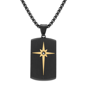 COLLIER ACIER PVD NOIR PENDENTIF RECTANGULAIRE 35X20MM AVEC ETOILE DORÉ ET OXYDE BLANC AU CENTRE 50+10CM