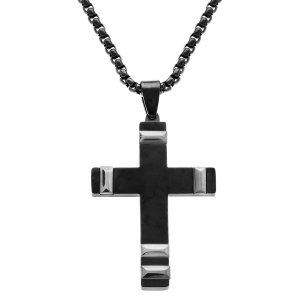 COLLIER ACIER PVD NOIR PENDENTIF CROIX 40X28MM AVEC MOTIF GRIS 50+10CM