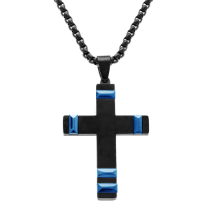 COLLIER ACIER PVD NOIR PENDENTIF CROIX 40X28MM AVEC MOTIF BLEU 50+10CM