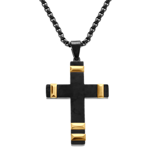 COLLIER ACIER PVD NOIR PENDENTIF CROIX 40X28MM AVEC MOTIF DORÉ 50+10CM