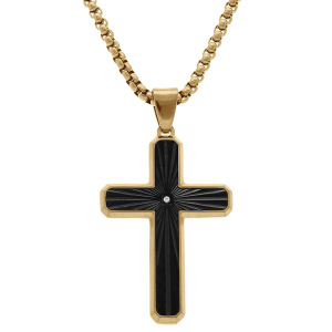 COLLIER ACIER DORÉ PENDENTIF CROIX STRIÉE 38X26MM PVD NOIR AVEC OXYDE BLANC 50+10CM