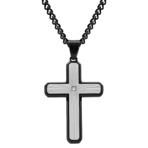 COLLIER ACIER PVD NOIR PENDENTIF CROIX ACIER GRIS STRIÉE 38X26MM ET CONTOUR PVD NOIR AVEC OXYDE BLANC 50+10CM