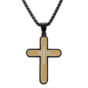 COLLIER ACIER CHAINE PVD NOIR PENDENTIF CROIX DORÉ 39X27MM AVEC OXYDES BLANCS 50+10CM