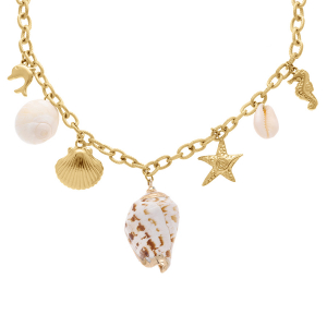 COLLIER ACIER DORÉ PAMPILLES THEME MER ET COQUILLAGES  42+5CM