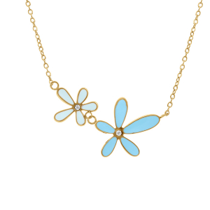 COLLIER ACIER DORÉ FLEUR RÉSINE BLEU 40+5CM