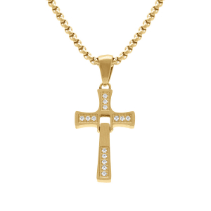 COLLIER ACIER DORÉ PENDENTIF CROIX ARTICULÉE 20 X 14MM AVEC OXYDES BLANCS 45+10CM