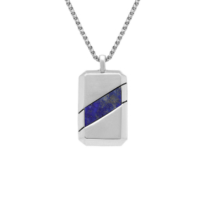 COLLIER  ACIER PENDENTIF RECTANGULAIRE 30 X 18MM  LAPIS LAZULI RECONSTITUÉE 51CM