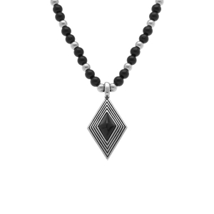 COLLIER  ACIER PENDENTIF LOSANGE 40 X 25MM  ONYX RECONSTITUÉ 52CM