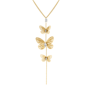COLLIER ACIER DORÉ PENDANT 3 PAPILLONS ET OXYDES BLANCS  45+5CM