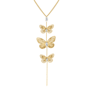 COLLIER ACIER DORÉ PENDANT 3 PAPILLONS ET OXYDES BLANCS  45+5CM
