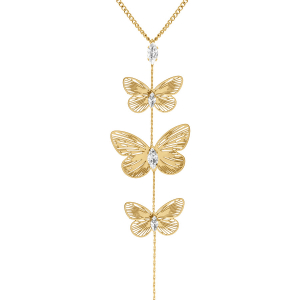 COLLIER ACIER DORÉ PENDANT 3 PAPILLONS ET OXYDES BLANCS  45+5CM