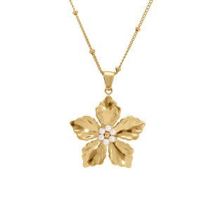 COLLIER ACIER PENDENTIF FLEUR DIAM 33  PERLES BLANCHES IMITATION 43+5CM