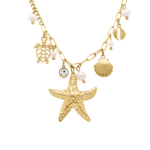 COLLIER ACIER PAMPILLES THEME MER ET PERLES BLANCHES IMITATION 43+5CM