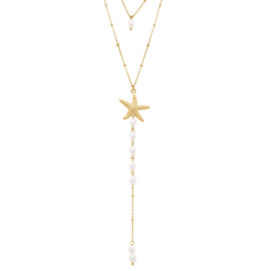COLLIER ACIER 3 RANGS ETOILE DE MER ET PERLES BLANCHES IMITATION 43+5CM  (53+5CM)
