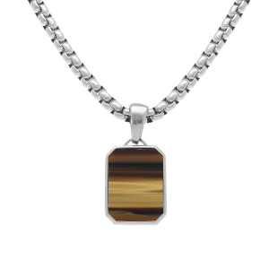 COLLIER ACIER PENDENTIF PIERRE MARRON IMITATION 22MMX15MM  50+5CM