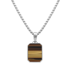 COLLIER ACIER PENDENTIF OEIL DE TIGRE IMITATION 22MMX15MM  59CM REGLABLE 54