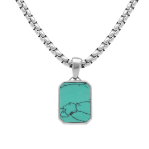 COLLIER ACIER PENDENTIF TURQUOISE IMITATION 22MMX15MM  50+5CM