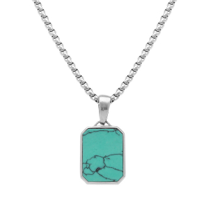 COLLIER ACIER PENDENTIF TURQUOISE IMITATION 22MMX15MM  59CM REGLABLE 54