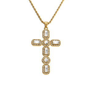 COLLIER ACIER DORÉ CHAINE CORDE PENDENTIF CROIX OXYDES BLANCS 45+5CM
