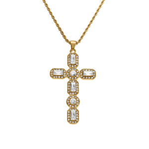 COLLIER ACIER DORÉ CHAINE CORDE PENDENTIF CROIX OXYDES BLANCS 45+5CM