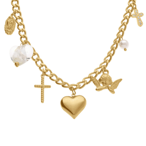 COLLIER ACIER DORÉ MAILLE GOURMETTE PAMPILLES  41+5CM
