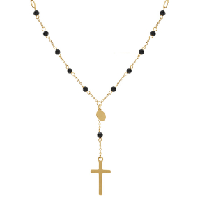 COLLIER ACIER DORÉ CRAVATE BOULES SYNTHETIQUE NOIRES ET CROIX 45+5CM