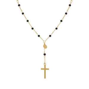 COLLIER ACIER DORÉ CRAVATE BOULES SYNTHETIQUE NOIRES ET CROIX 45+5CM