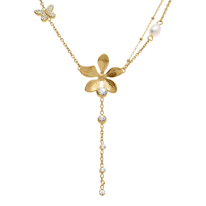 COLLIER ACIER DORÉ CRAVATE FLEUR ET PAPILLON OXYDEs BLANCS ET PERLE BLANCHE IMITATION  43+5CM