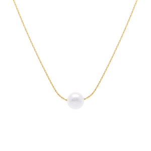 COLLIER ACIER DORÉ PENDENTIF PERLE BLANCJE IMITATION 6MM 40+5CM