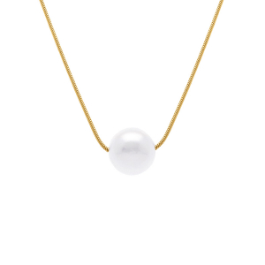 COLLIER ACIER DORÉ PENDENTIF PERLE BLANCJE IMITATION 10MM 40+5CM