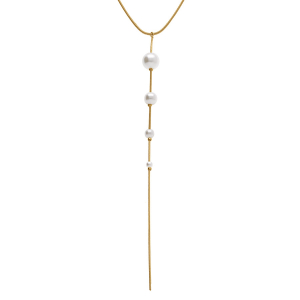 COLLIER ACIER DORÉ CRAVATE 4 PERLES IMITATION BLANCHE 42+5CM