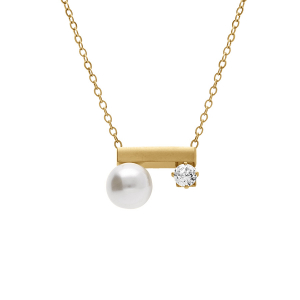 COLLIER ACIER DORÉ BARETTE  PERLE IMITATION BLANCHE ET OXYDE BLANS 40+5CM