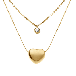 COLLIER ACIER DORÉ 2 RANGS 1 OXYDE BLANC SERTI CLOS ET 1 COEUR LISSE  40+5CM