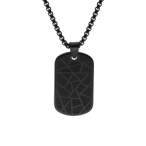 COLLIER ACIER ET PVD NOIR AVEC PENDENTIF RECTANGUALIRE PANS ARRONDI  35*20MM MOTIF TRAITS 50+5CM