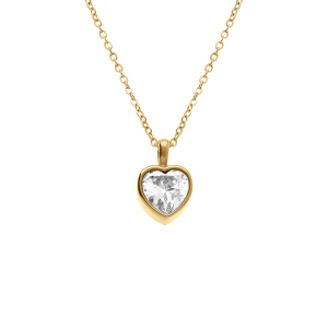 COLLIER ACIER DORÉ PENDENTIF COEUR 13MM OXYDE BLANC SERTI CLOS 40+5CM