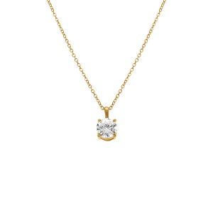 COLLIER ACIER DORÉ PENDENTIF OXYDE ROND 0.80 BLANC SERTI  GRIFFES 40+5CM