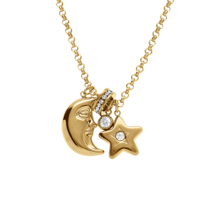 COLLIER ACIER DORÉ PENDENTIF LUNE ET ETOILE 45+5CM