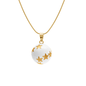 COLLIER ACIER DORÉ BOLA DE GROSSESSE ROND 21MM RÉSINE BLANCHE ET ETOILE  90+20CM