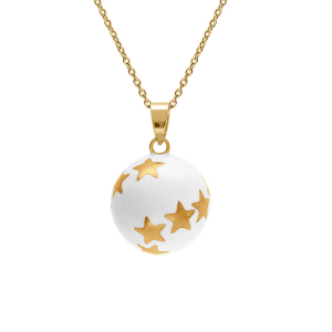 COLLIER ACIER DORÉ BOLA DE GROSSESSE ROND 21MM RÉSINE BLANCHE ET ETOILE  90+20CM
