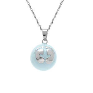 COLLIER ACIER BOLA DE GROSSESSE ROND 21MM RÉSINE BLEU CIEL ET MOTIF PIED  90+20CM